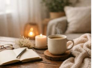 柔らかな光が差し込む静かな部屋で、ブランケットと温かい飲み物が置かれた落ち着いた空間